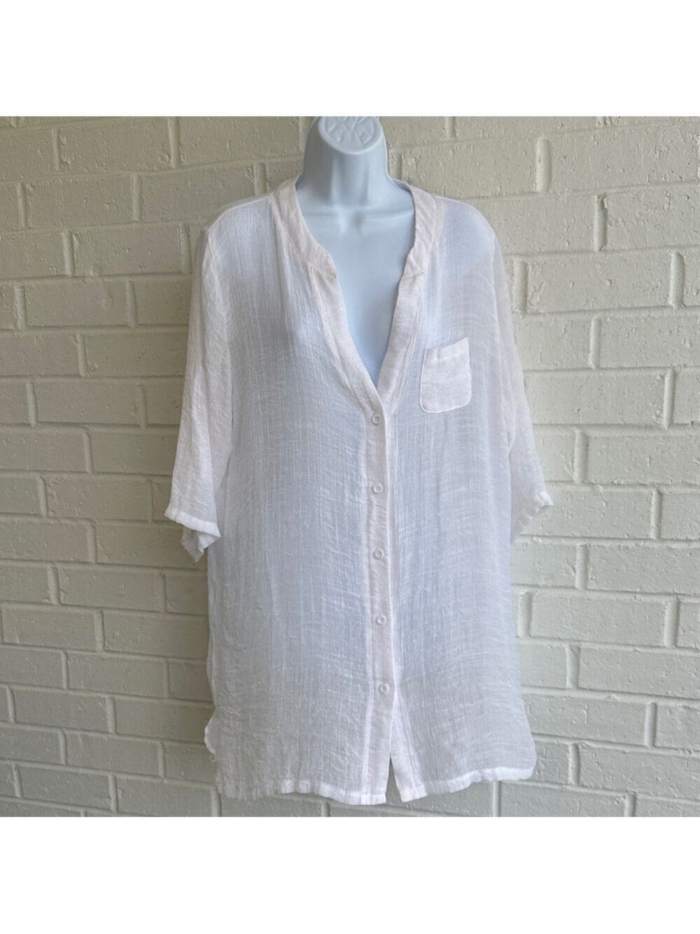 Ekouaer Sheer White Button Up Tunic Top 3/4 Sleeves W/Button Tab to shorten Sz L